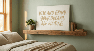 Inspirasi Cetak Kanvas untuk Dekorasi Kamar Aesthetic konsep pajang di floating shelf (rak ambalan)