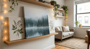 konsep sandarkan di rak melayang (floating shelves)