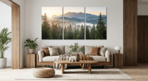 5 Ide Cetak Foto Kanvas untuk Dekorasi Ruang Tamu Minimalis konsep teknik split canvas (triptych)