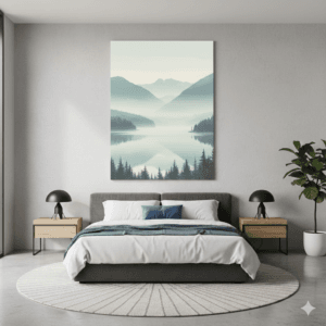 Pemandangan pegunungan dan danau pada canvas print di kamar tidur modern