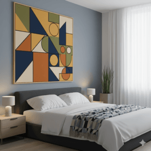 Kamar tidur modern dengan lukisan abstrak geometrical