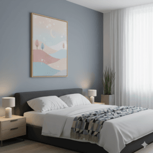 Kamar tidur estetis dengan lukisan dinding soft pastel illustration