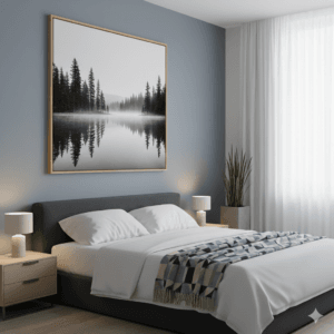 Pemandangan hutan dan danau black and white canvas print di kamar tidur modern