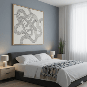Kamar tidur modern dengan canvas print abstrak line art