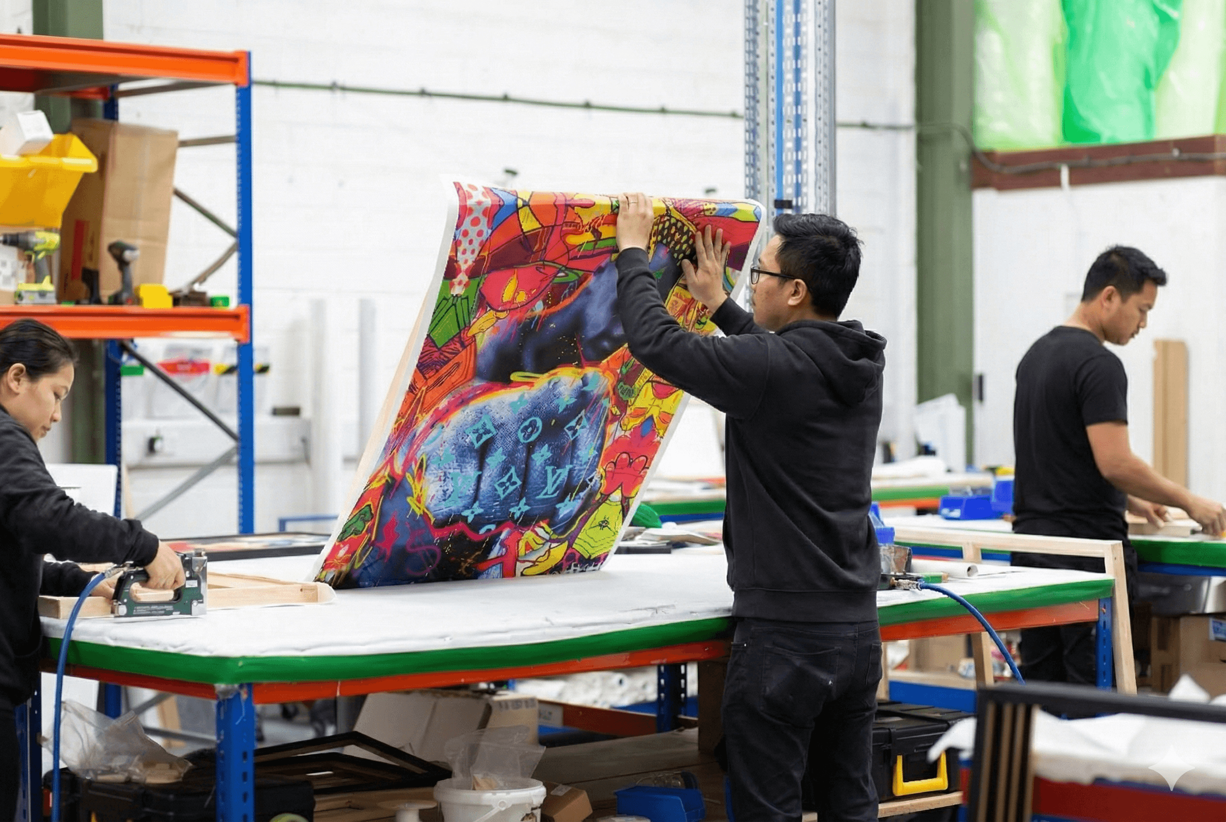 Cetak Foto Kanvas: Panduan Lengkap Pilih Ukuran, Bahan, dan Harga Terbaik Pekerja membentang karya seni