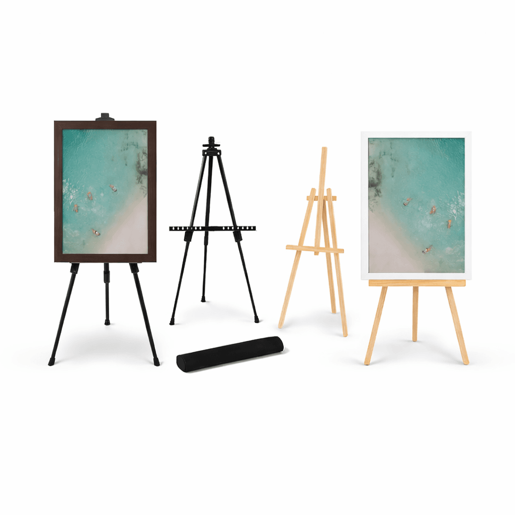 Tripod Alumunium dan Wooden Easel dengan karya seni