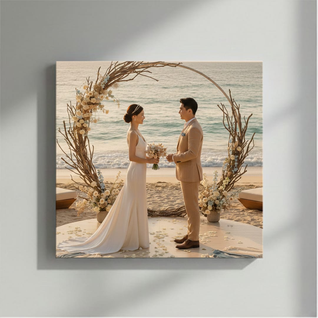 Cetak Foto Kanvas Pernikahan di pantai tropis
